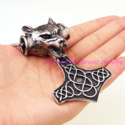 Viking/Norse Wolf Silver Thor's Hammer 3" Pendant Stainless Steel