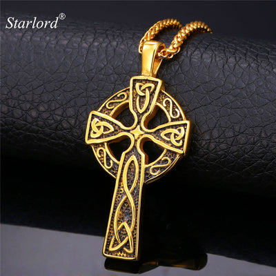 Norse Cross Pendant Stainless Steel Platinum Or Gold 20” Chain