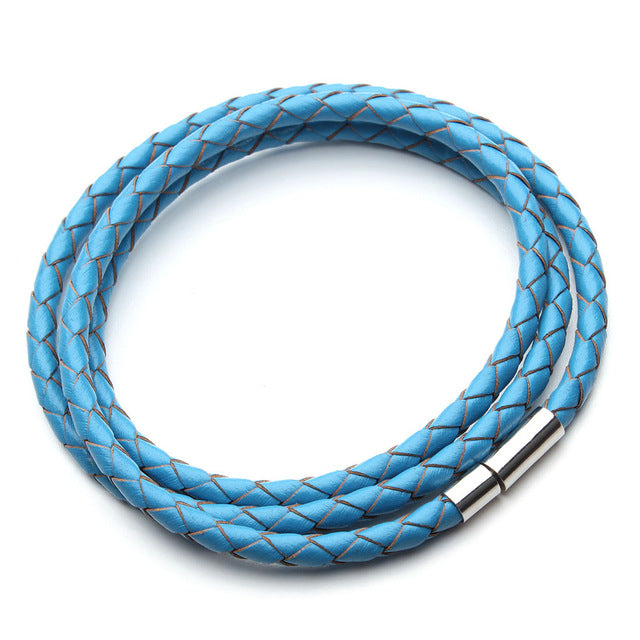 Men's Turquoise Blue Leather Braid Wrap Bracelet, Silver Clasp L 8 Inches