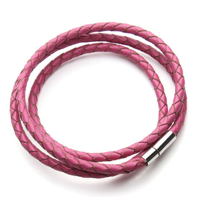 Braided Leather 3-Wrap Bracelet 23.6" 13 Colors Magnetic