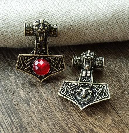 Thor's Hammer Red or Purple Bead on Bronze or Silver Zinc 18" Cord Necklace Unisex