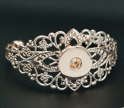 Vintage Floral Snap Button Cuff 18mm  Silver or Rose Gold-Tone Fits Most Women
