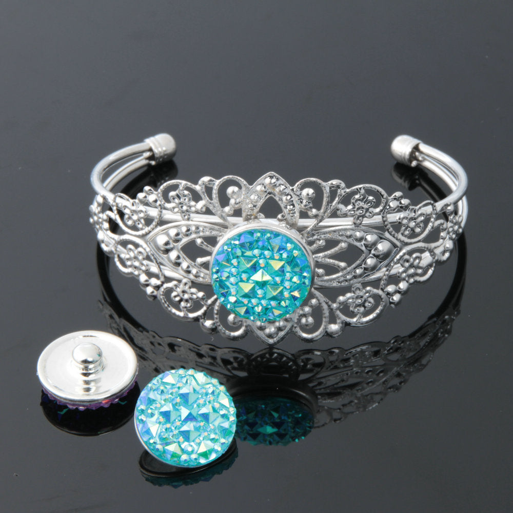 Vintage Floral Snap Button Cuff 18mm  Silver or Rose Gold-Tone Fits Most Women