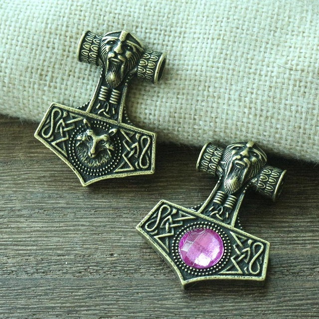 Thor's Hammer Red or Purple Bead on Bronze or Silver Zinc 18" Cord Necklace Unisex