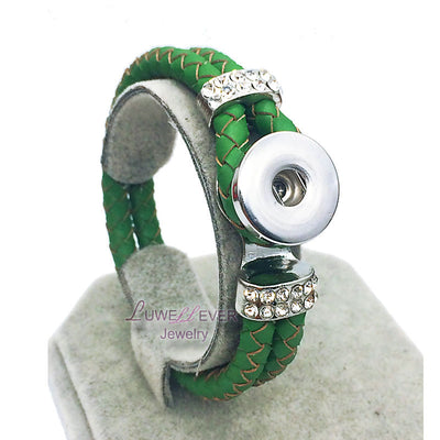 Braided Green Leather 18mm Snap Button Bracelet