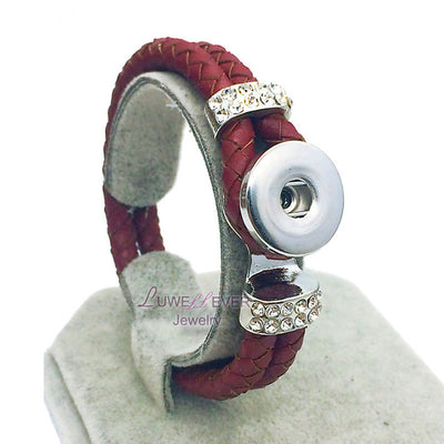 Braided Dk. Red Leather 18mm Snap Button Bracelet