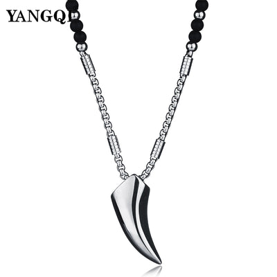 Wolf Tooth Silver Stainless Steel Silver Pendant Black Stone 25" Necklace Unisex