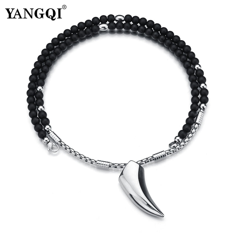 Wolf Tooth Silver Stainless Steel Silver Pendant Black Stone 25" Necklace Unisex