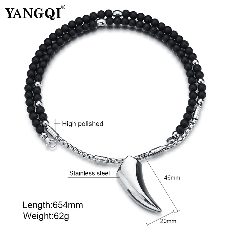 Wolf Tooth Silver Stainless Steel Silver Pendant Black Stone 25" Necklace Unisex