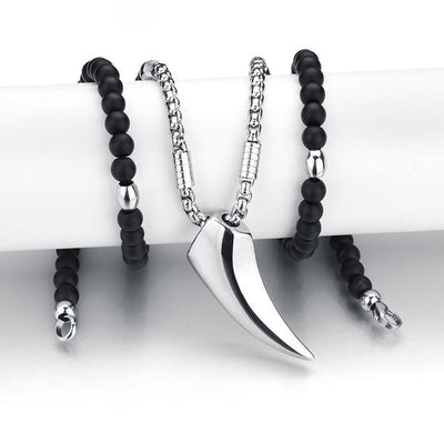Wolf Tooth Silver Stainless Steel Silver Pendant Black Stone 25" Necklace Unisex