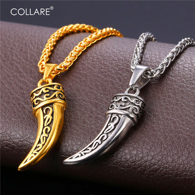 Viking Steel Wolf Fang Unisex Necklace Pendant!  In Both Gold And Steel Colors! - Viking Jewelry Life