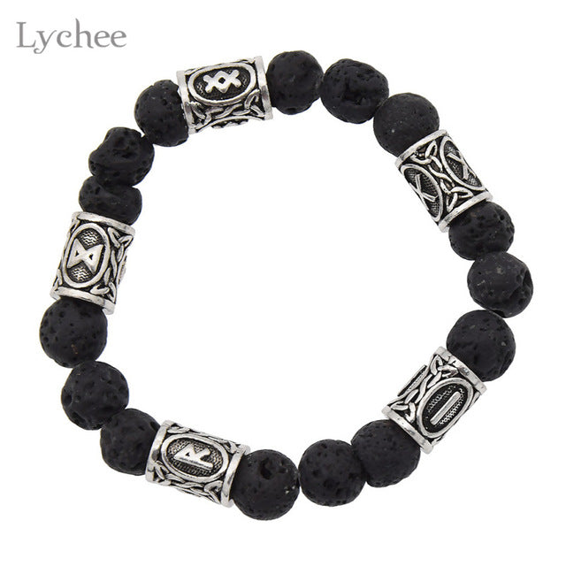 Viking Volcano Bead & Rune Silver-Tone Or Gold-Tone Zinc Stretch Bracelet Unisex