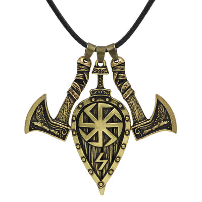 Viking Shield & Ax Silver or Gold Zinc Pendant 20" Cord Necklace