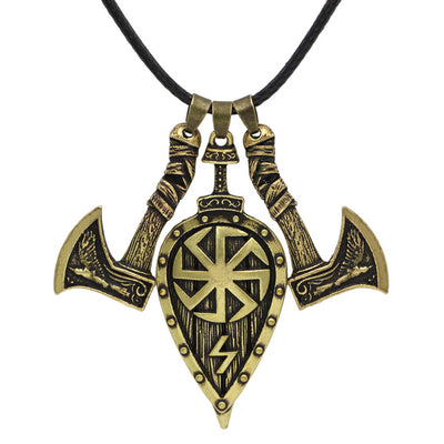 Viking Shield & Ax Silver or Gold Zinc Pendant 20" Cord Necklace