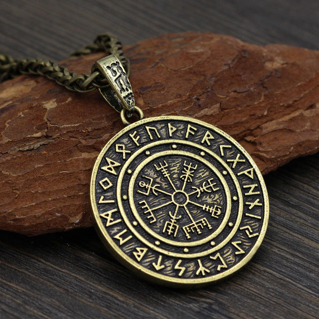Odin Vegvisir Rune Silver Or Gold Zinc Pendant w/ Chain or Cord