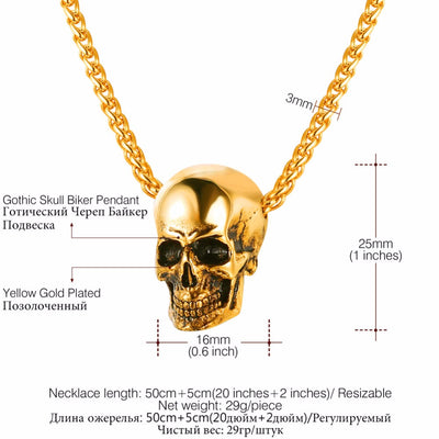 Sterling Silver Skull in Silver, Gold or Black & 22" Chain Necklace Unisex