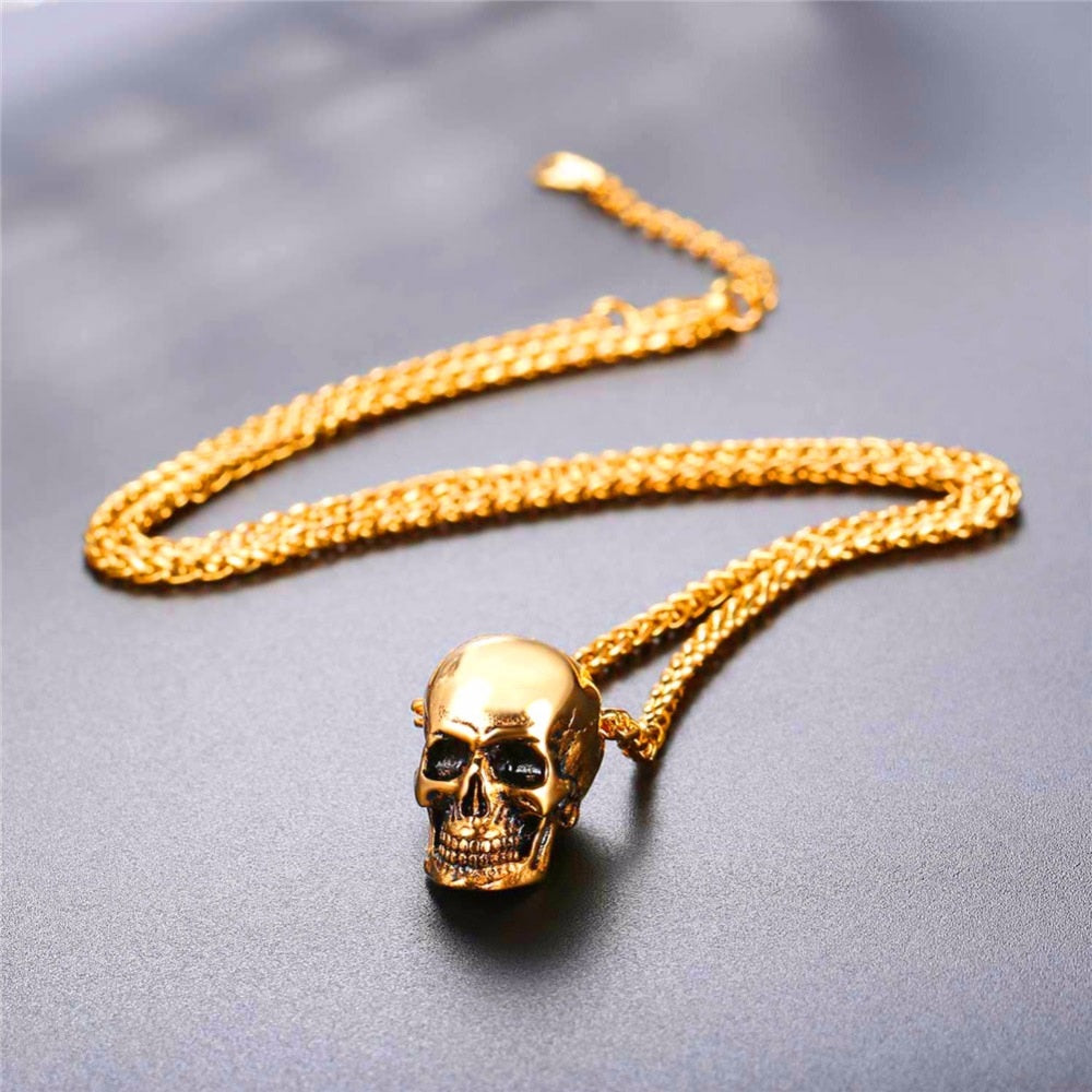 Sterling Silver Skull in Silver, Gold or Black & 22" Chain Necklace Unisex