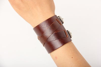 Viking/Norse Wide Brown Leather 2 Buckles Bracelet 10" 5 Adjustments Fits Most