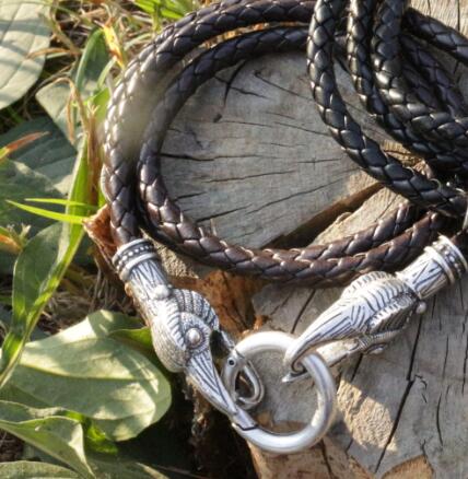 Viking Bronze/Silver Circle Clasp Necklace Brown/ Black Cord or Steel Chain 19.6-27.6 Unisex Raven Brown Cord / 25.5”