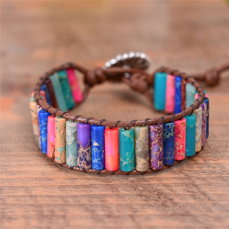 Colorful Natural Stone & Brown Leather Bracelet S to M