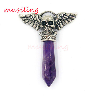 Viking  Semi-Precious Stone Prism Skull Wings Silver-tone Necklace 19 Colors Unisex