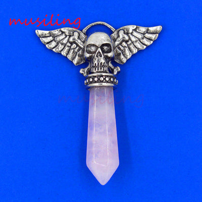 Viking  Semi-Precious Stone Prism Skull Wings Silver-tone Necklace 19 Colors Unisex