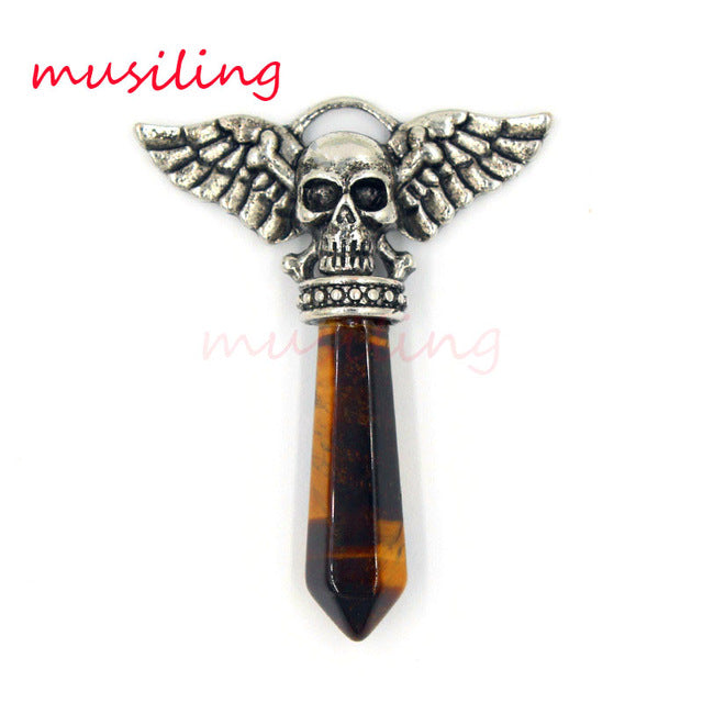Viking  Semi-Precious Stone Prism Skull Wings Silver-tone Necklace 19 Colors Unisex