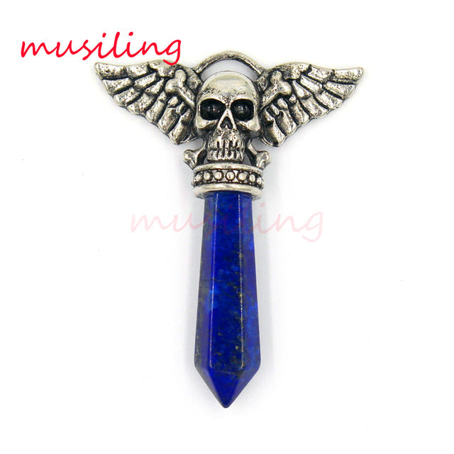 Viking  Semi-Precious Stone Prism Skull Wings Silver-tone Necklace 19 Colors Unisex