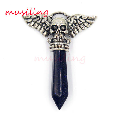 Viking  Semi-Precious Stone Prism Skull Wings Silver-tone Necklace 19 Colors Unisex