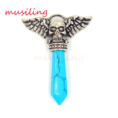 Viking  Semi-Precious Stone Prism Skull Wings Silver-tone Necklace 19 Colors Unisex