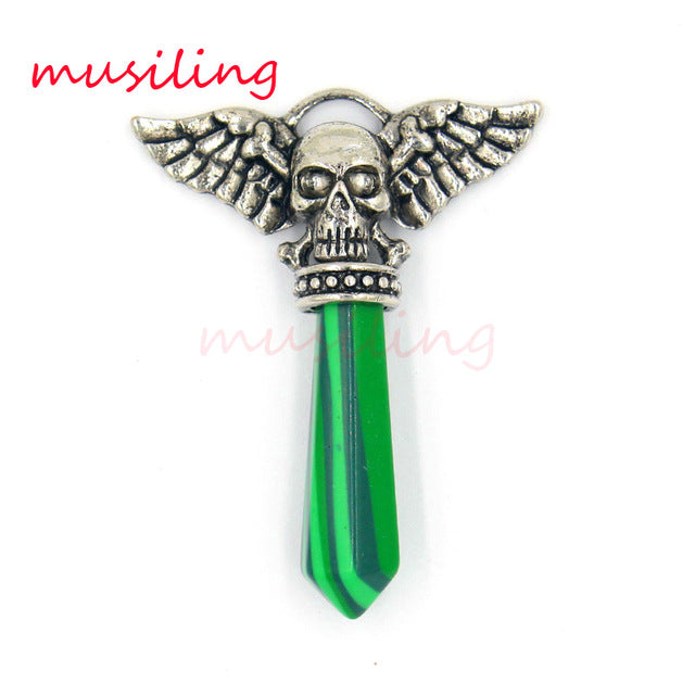 Viking  Semi-Precious Stone Prism Skull Wings Silver-tone Necklace 19 Colors Unisex