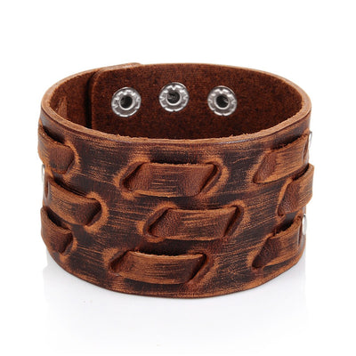 Norse Braid Retro Wide Genuine Leather Cuff Bracelet Braid 10.6 Inches Adjustable Unisex