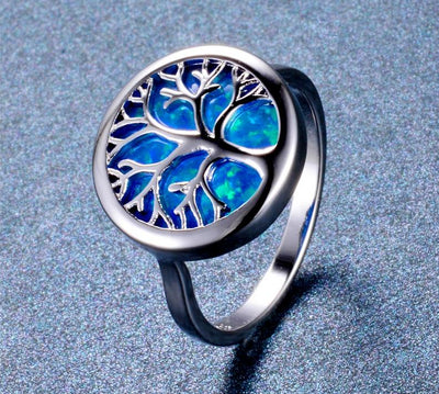 World Tree Blue Fire Opal Life Tree Rings 925 Sterling Silver Filled Silver Size 6-10 Unisex