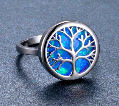 World Tree Blue Fire Opal Life Tree Rings 925 Sterling Silver Filled Silver Size 6-10 Unisex