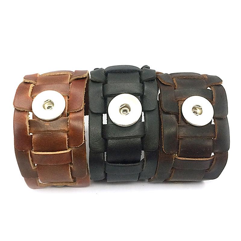 Bold Viking Snap Button Woven Leather Bracelet 18 mm Alloy 9" 3 Colors Snap Button Jewelry Unisex