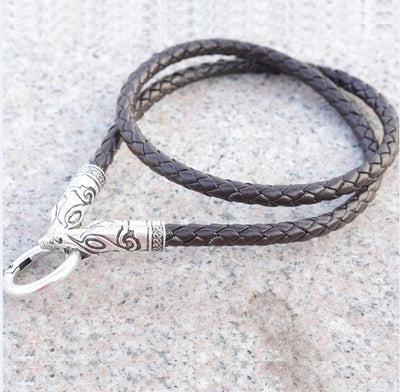 Viking Bronze/Silver Circle Clasp Necklace Brown/ Black Cord or Steel Chain 19.6-27.6" Unisex