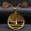 World Tree Stainless Steel Gold Color Necklace & Earrings Set Unisex