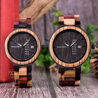 Norse Inspired Colorful Wood Watch Displays Day & Date Small or Large Dial Unisex