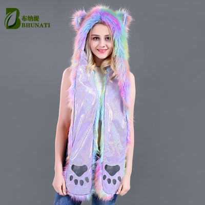 Cute Aurora Borealis Colorful Faux Fur Long Hood Hat