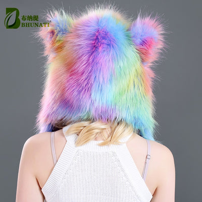 Cute Aurora Borealis Colorful Faux Fur Long Hood Hat