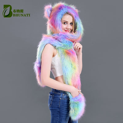 Cute Aurora Borealis Colorful Faux Fur Long Hood Hat