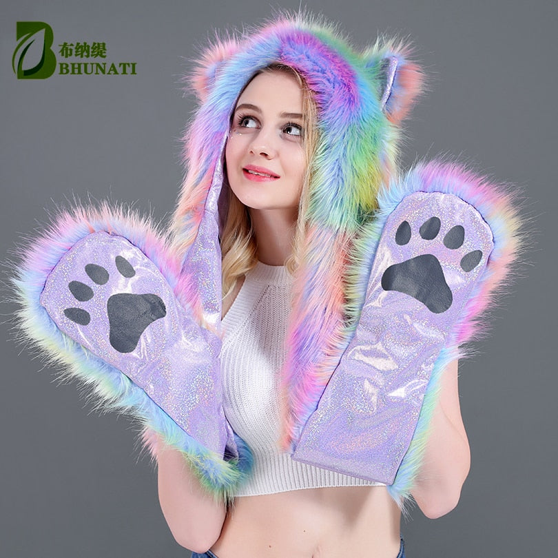Cute Aurora Borealis Colorful Faux Fur Long Hood Hat