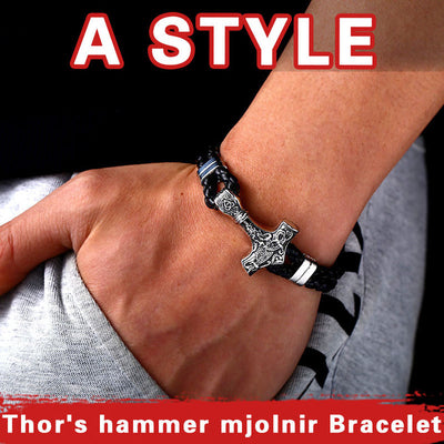 Mjolnir Stainless Steel & Black Leather Braided Bracelet 3 Sizes 7"- 8.6" Styles Unisex