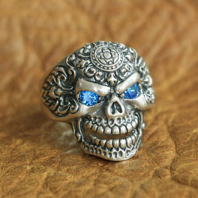 Ivar The Boneless Blue Eyes CZ Sterling Silver Skull Ring High Details Size 7-15 Unisex