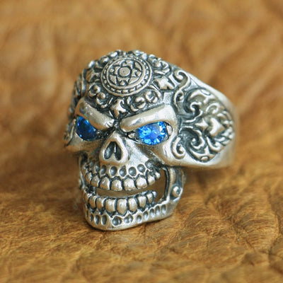 Ivar The Boneless Blue Eyes CZ Sterling Silver Skull Ring High Details Size 7-15 Unisex