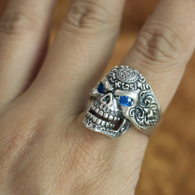 Ivar The Boneless Blue Eyes CZ Sterling Silver Skull Ring High Details Size 7-15 Unisex