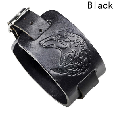 Wolf Black or Brown Leather Bracelet 11"- 10 Adjustments Unisex