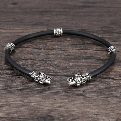 Viking Torc Silver-Tone 3 Beads Designs Runes/Dragon/Braid Choker Necklace Unisex