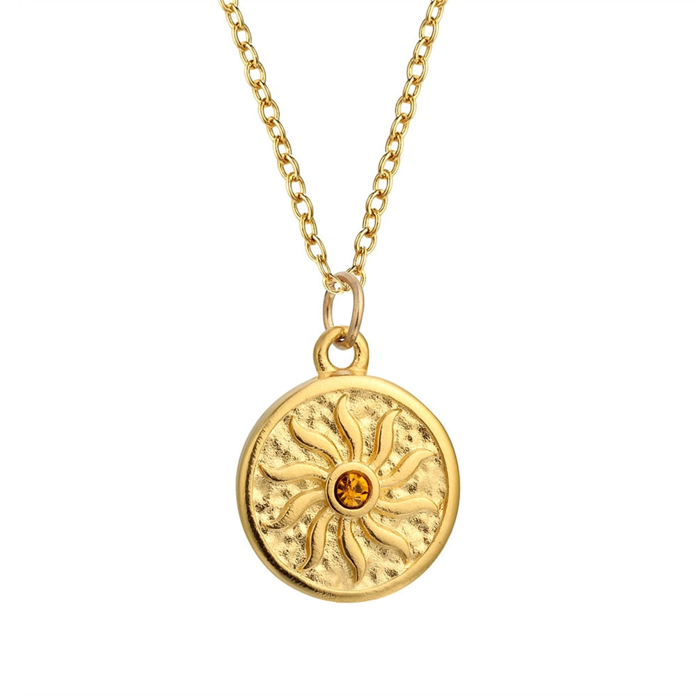 Norse Sol Silver or Gold Zinc Pendant w/ Golden CZ 18" Chain Necklace Unisex