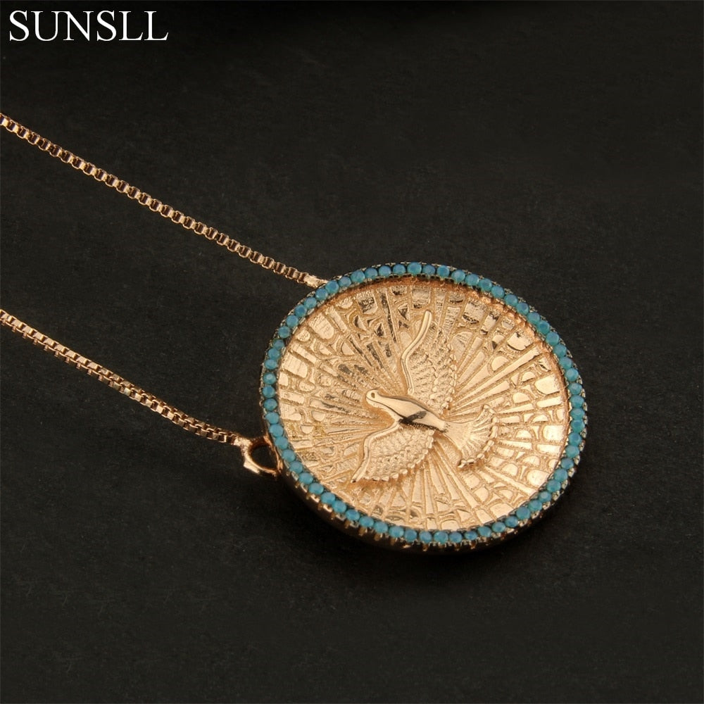 Eagle Gold or Silver Round Copper w/ Blue or Clear CZs Necklace